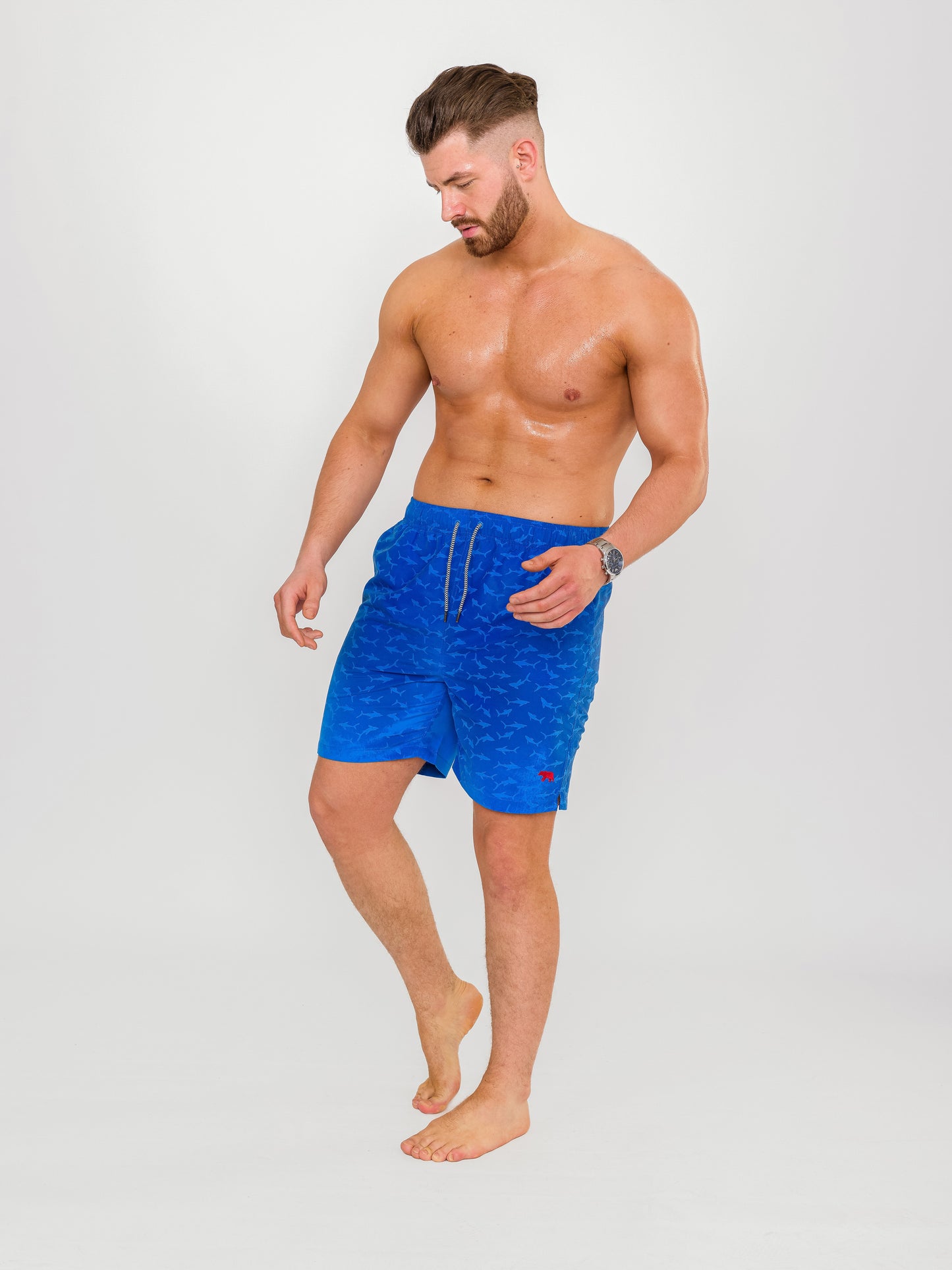 CROSLEY -D555 Royal Blue Water Activated Shark Print Swim Shorts