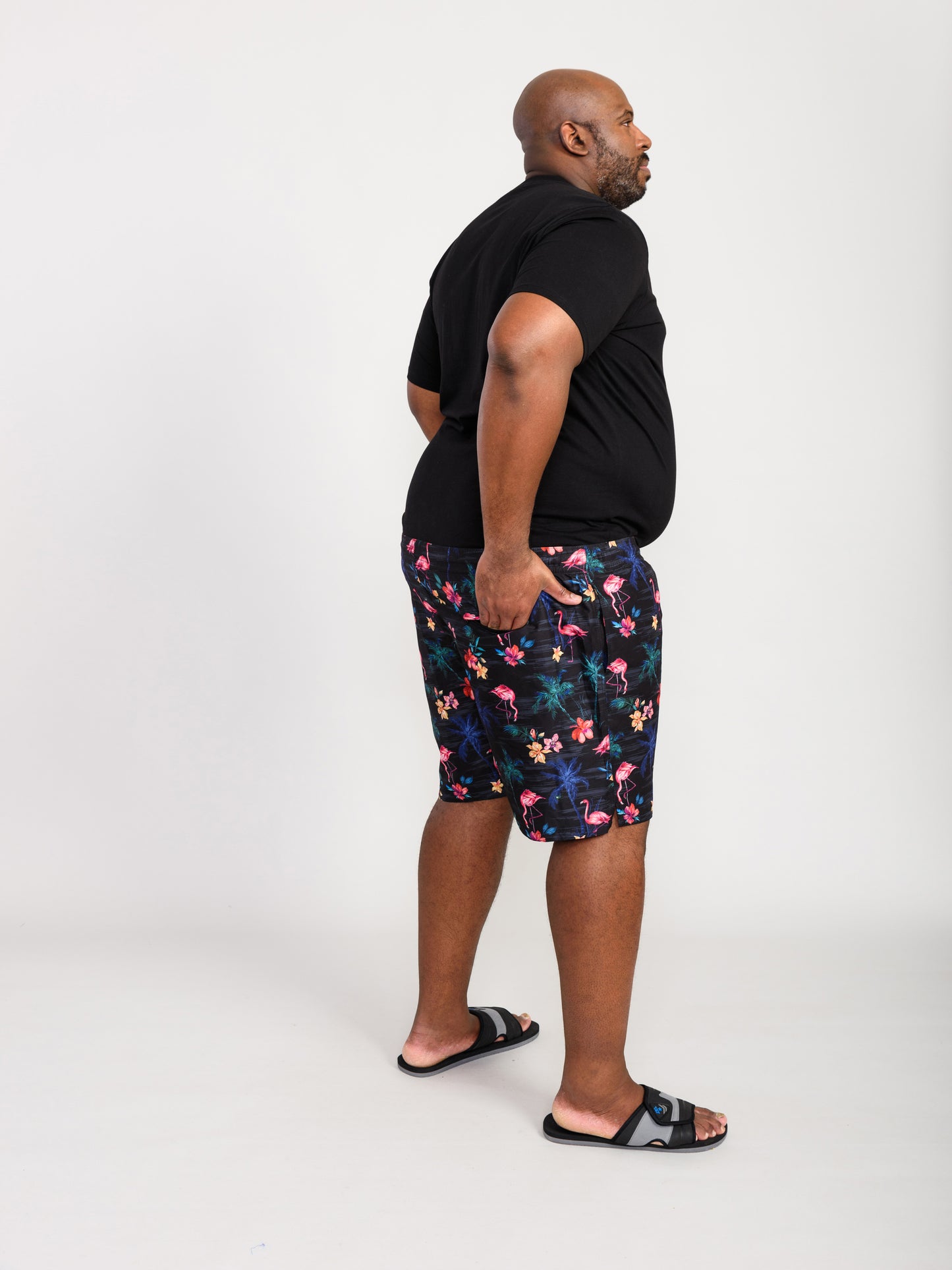CAMPTON -D555 Black Flamingo and Palm Tree Printed Swim Shorts