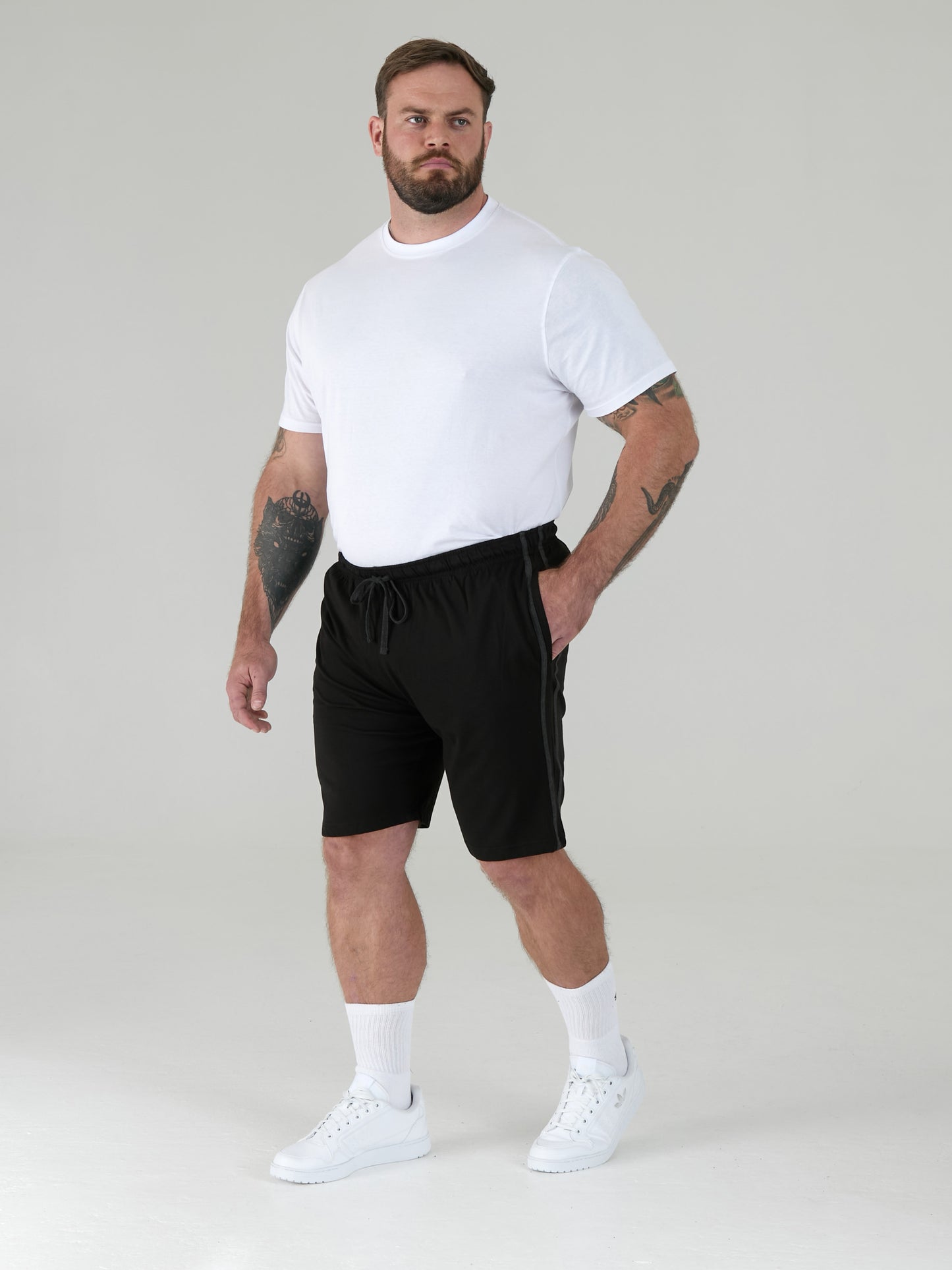 RYAN -D555 Black/Charcoal Pack Of 2 Elasticated Waist Side Stripes Jersey Short