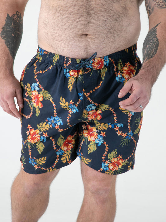 DAWSON -D555 Navy Blue Hawaiian Print Swim Shorts