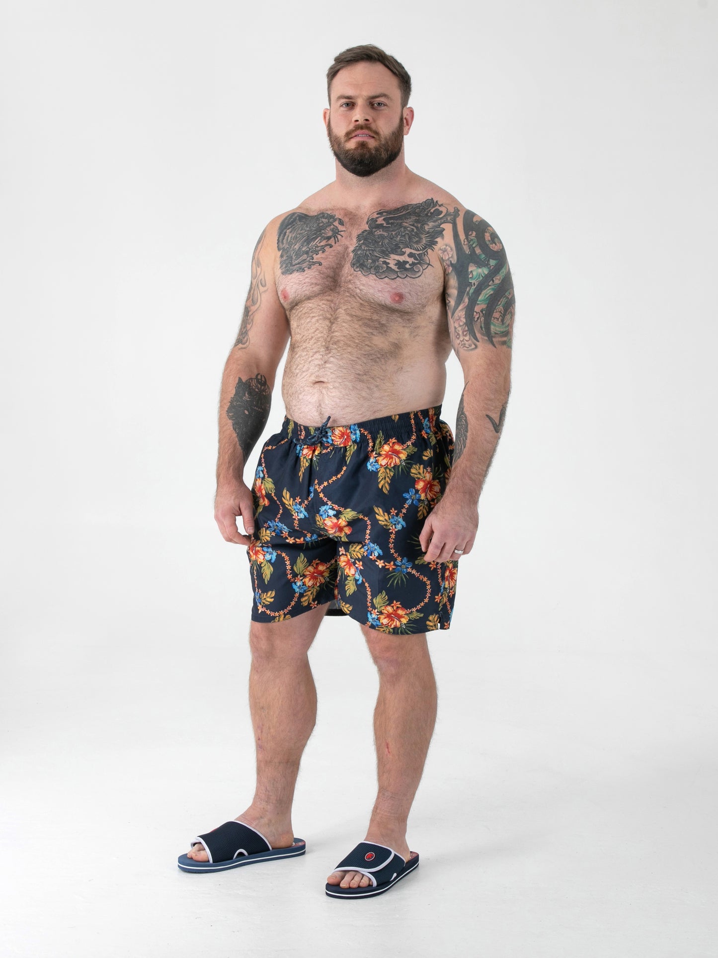 DAWSON -D555 Navy Blue Hawaiian Print Swim Shorts