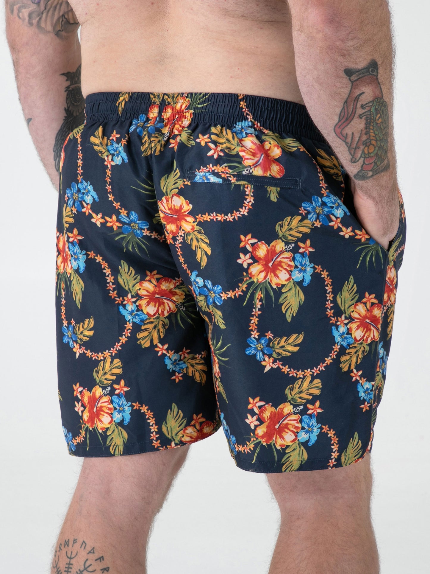 DAWSON -D555 Navy Blue Hawaiian Print Swim Shorts