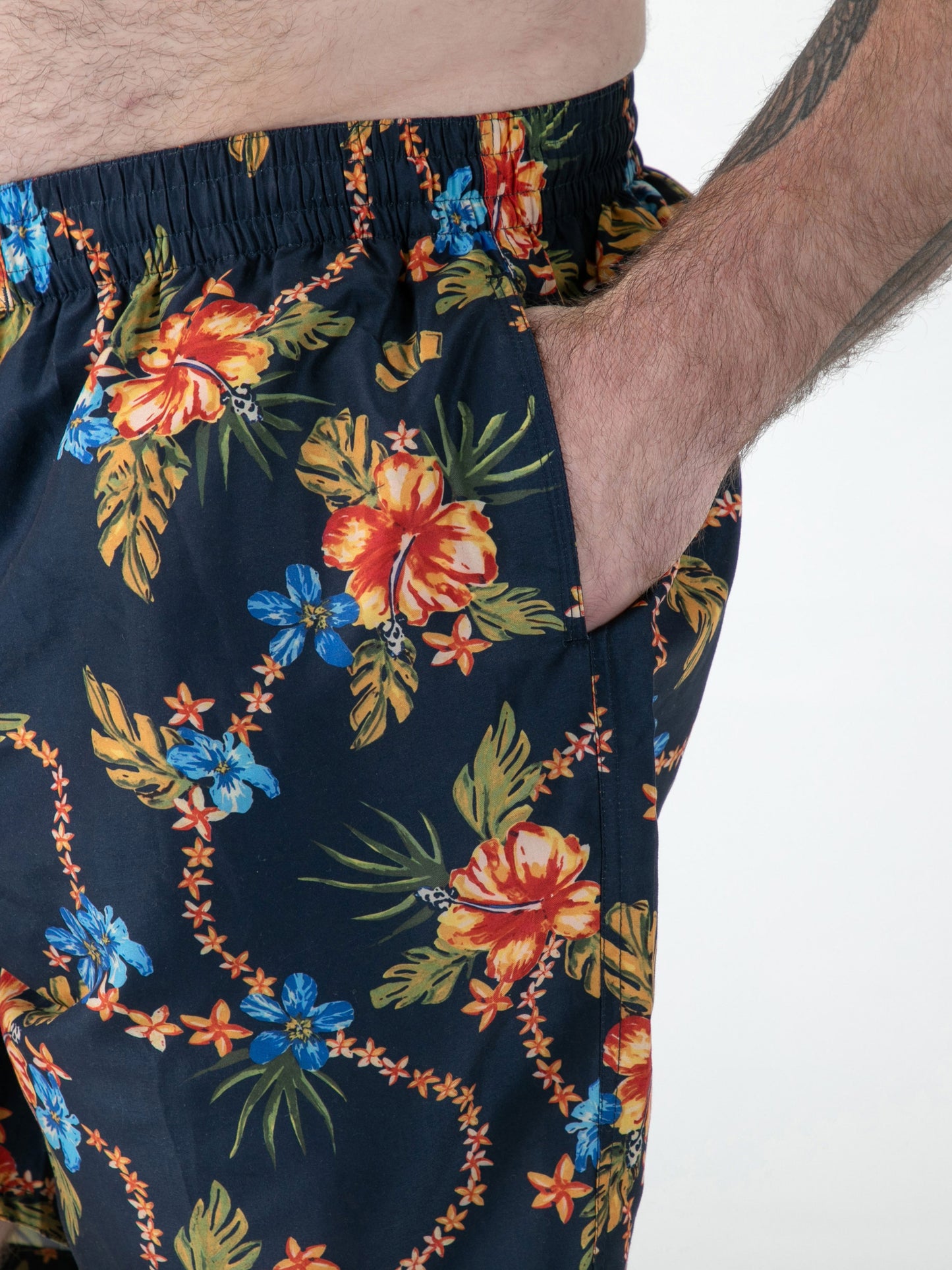 DAWSON -D555 Navy Blue Hawaiian Print Swim Shorts