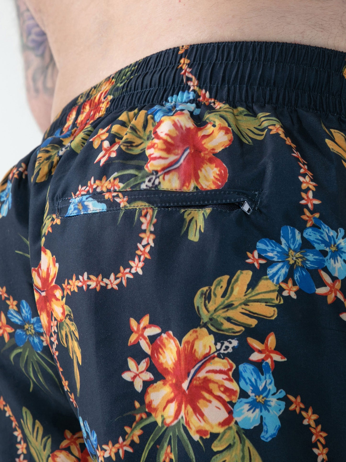 DAWSON -D555 Navy Blue Hawaiian Print Swim Shorts