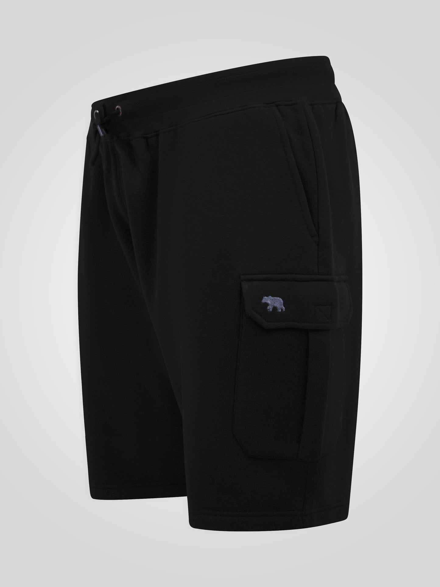 ROBINSON 1 -D555 Black Elasticated Waist Fleece Cargo Shorts with Bear Logo