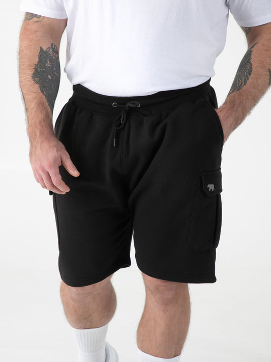 ROBINSON 1 -D555 Black Elasticated Waist Fleece Cargo Shorts with Bear Logo