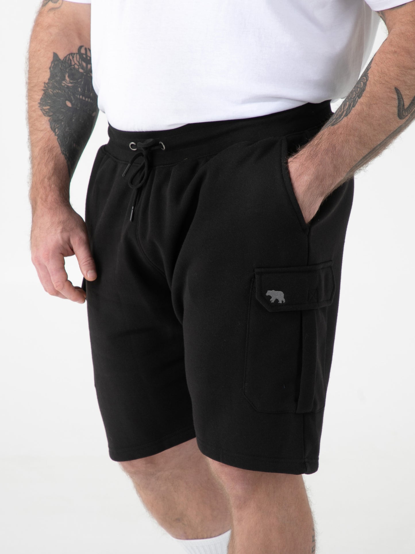 ROBINSON 1 -D555 Black Elasticated Waist Fleece Cargo Shorts with Bear Logo