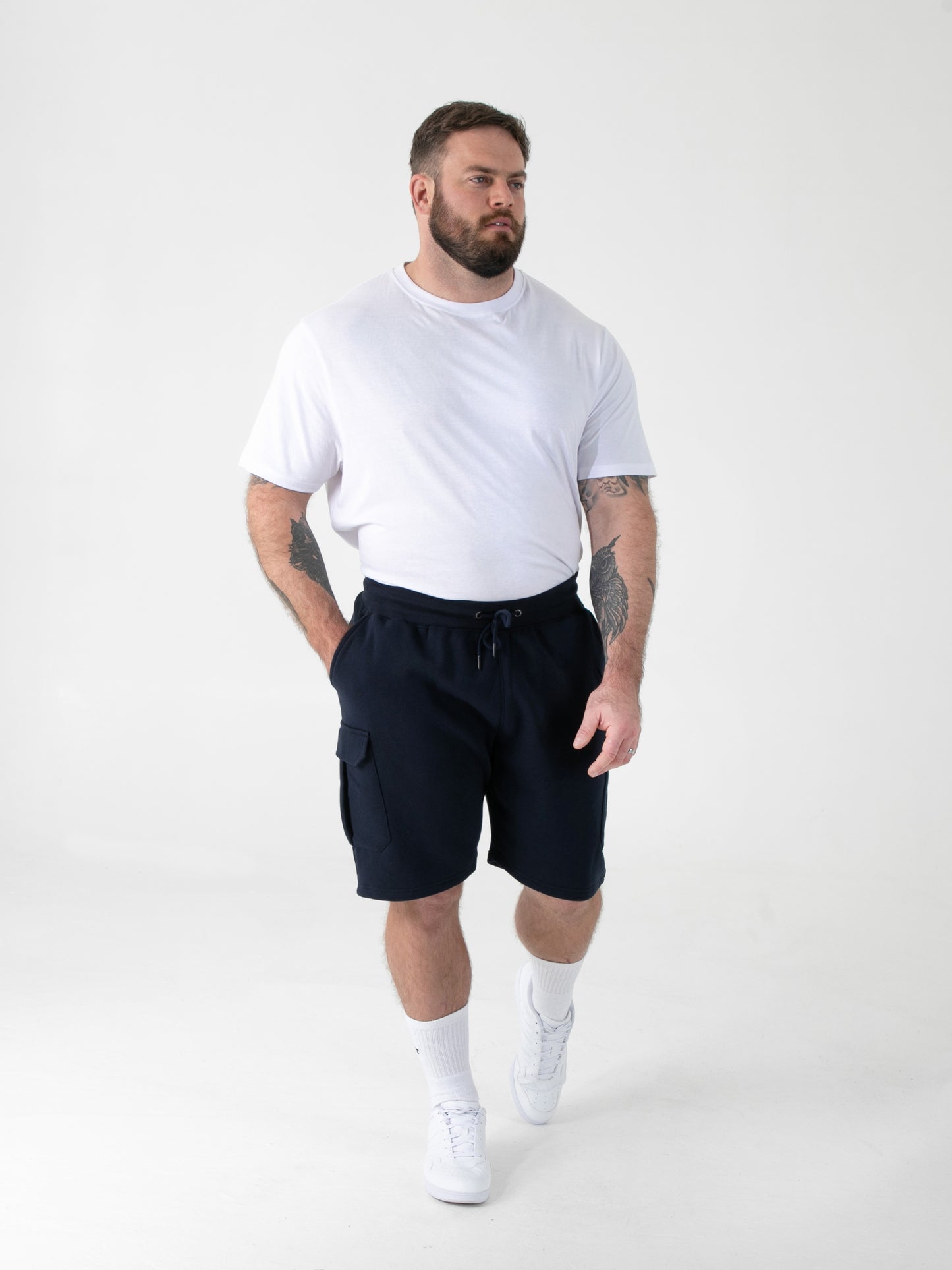 ROBINSON 2 -D555 Navy Blue Elasticated Waist Fleece Cargo Shorts with Bear Logo