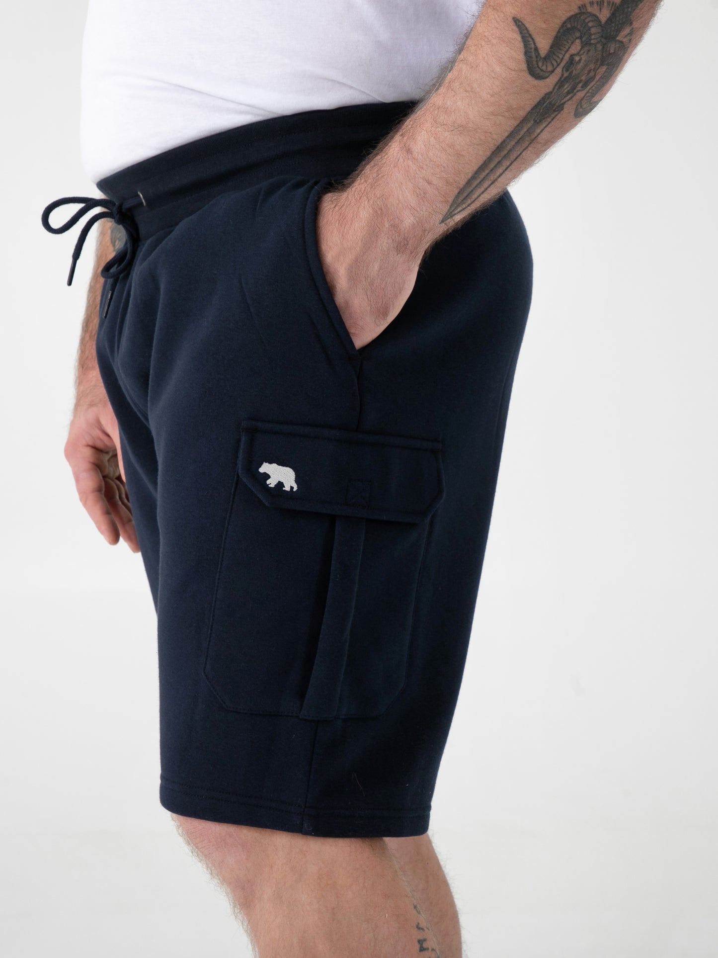 ROBINSON 2 -D555 Navy Blue Elasticated Waist Fleece Cargo Shorts with Bear Logo
