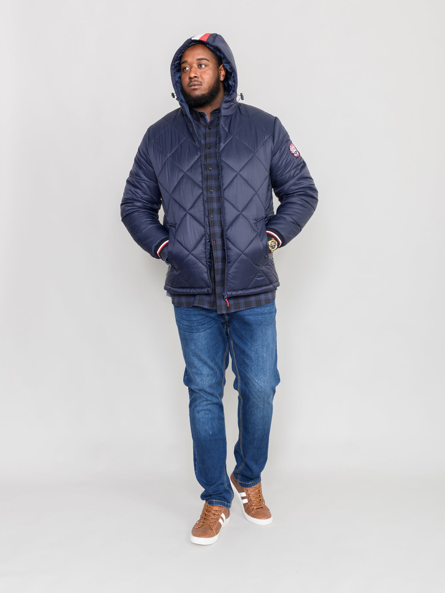 ANGUS -D555 Navy Blue Diamond Quilted Puffer Jacket with Hood