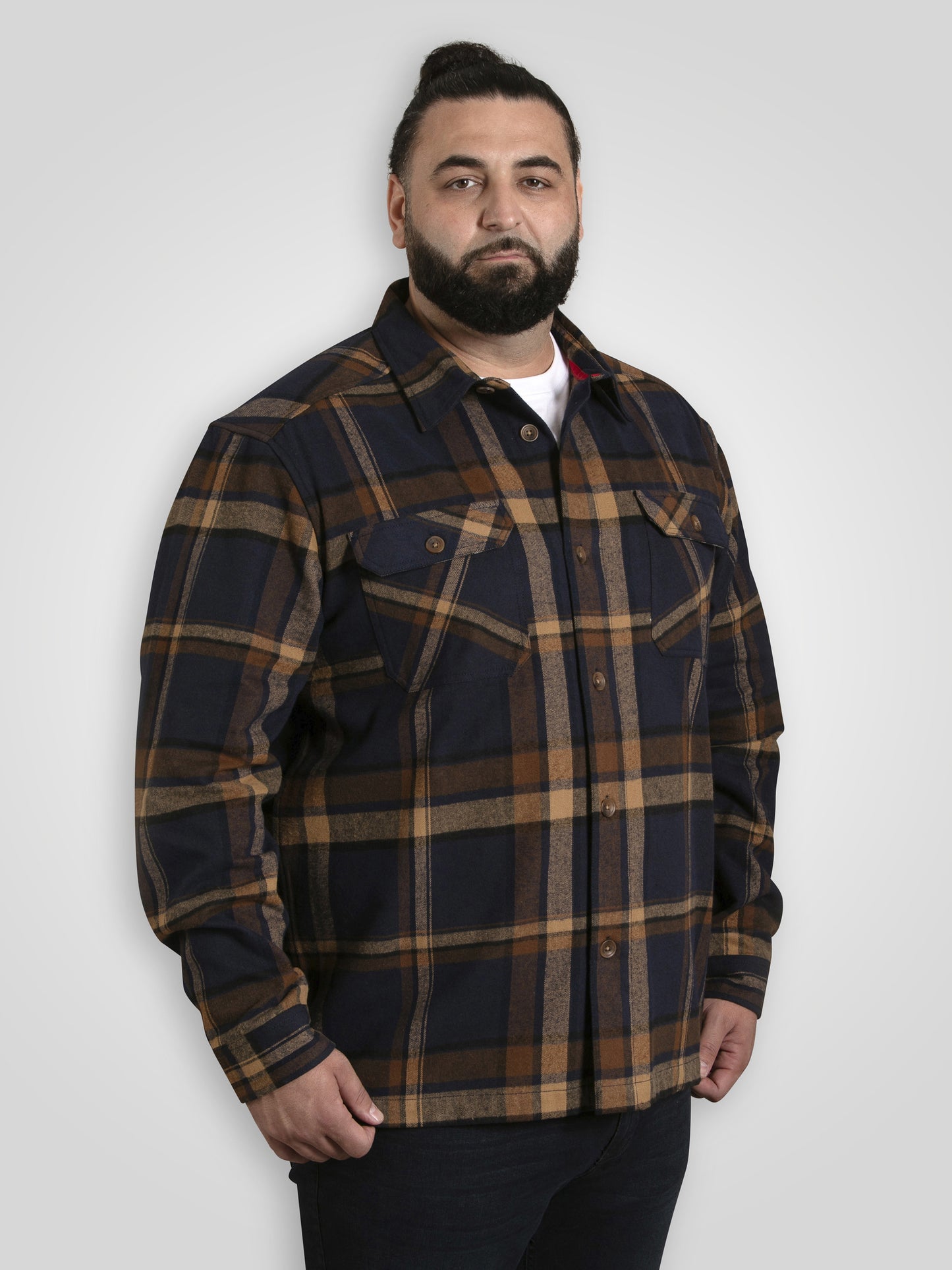 ALDERSHOT -D555 Navy Tan Check Heavy Shacket Overshirt