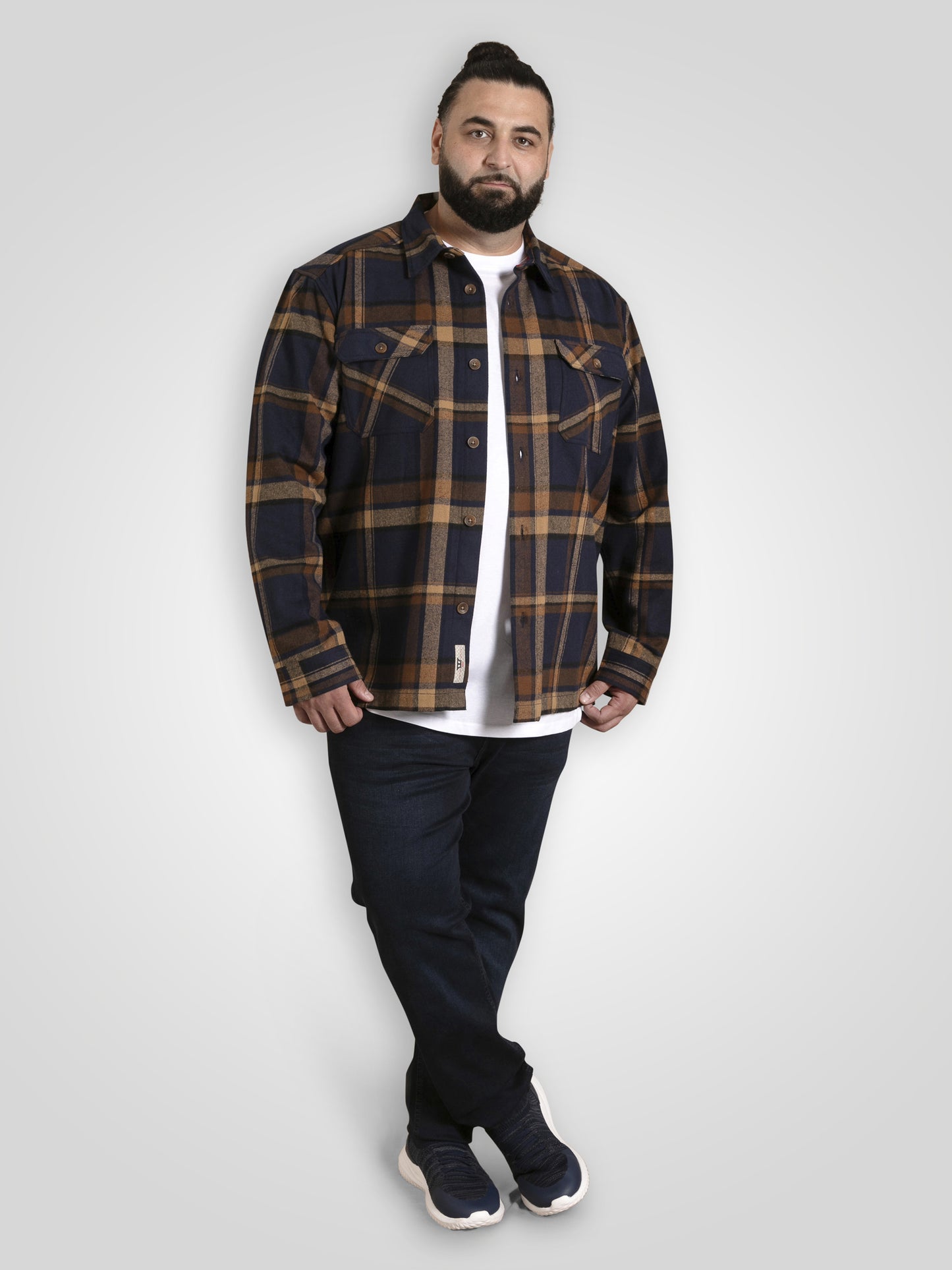 ALDERSHOT -D555 Navy Tan Check Heavy Shacket Overshirt