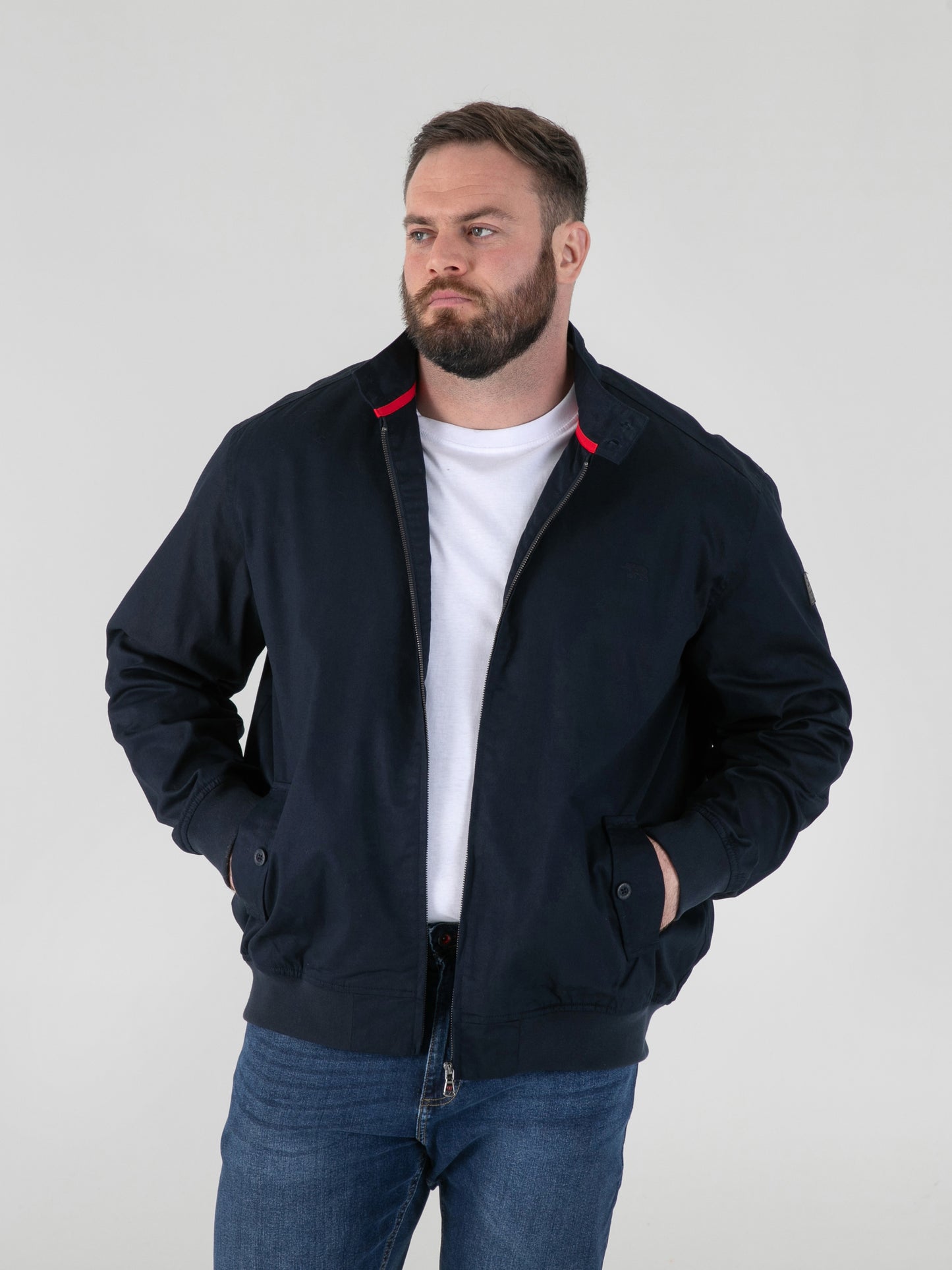 KENT -D555 Navy Blue Harrington Jacket with Elasticated Rib Hem and Cuffs