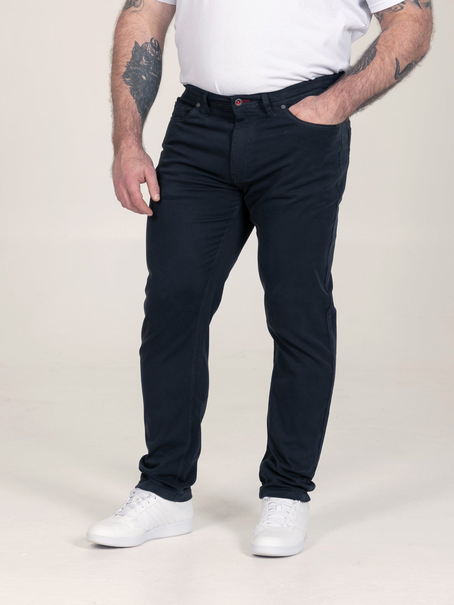 KELVIN 2-Navy Tapered Fit Five Pocket Stretch Twill Chino With Peach Finish