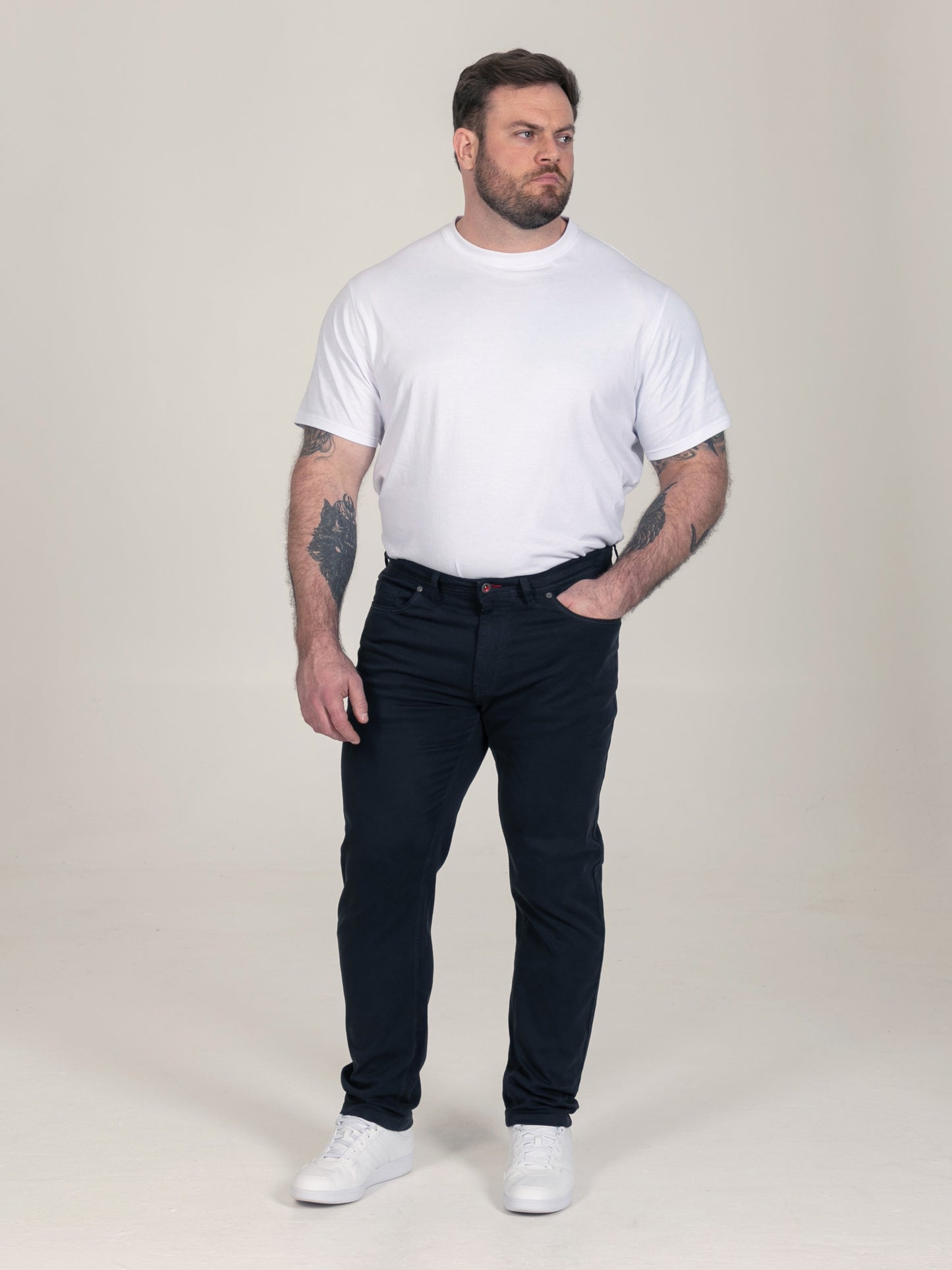 KELVIN 2-Navy Tapered Fit Five Pocket Stretch Twill Chino With Peach Finish