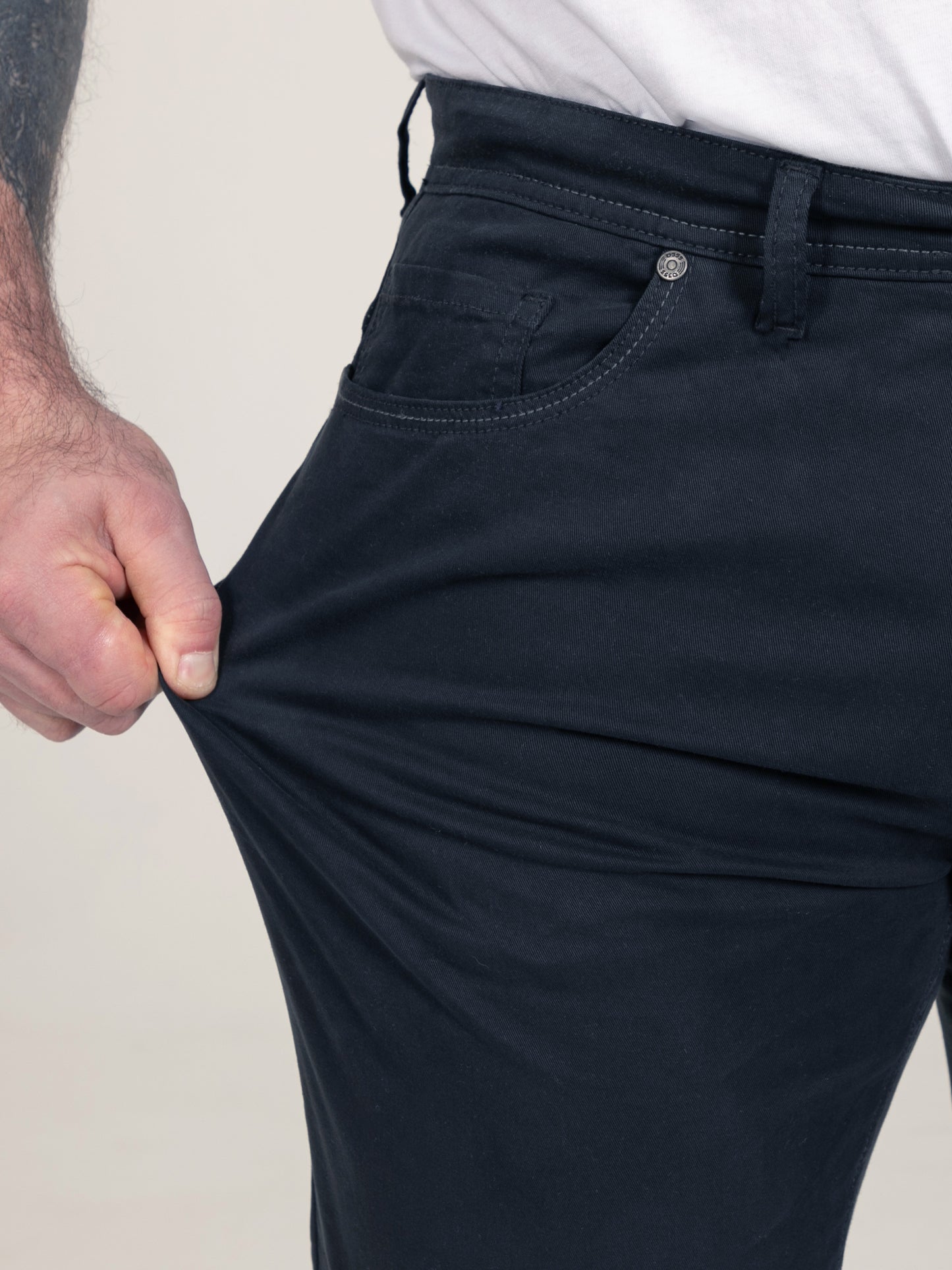 KELVIN 2-Navy Tapered Fit Five Pocket Stretch Twill Chino With Peach Finish