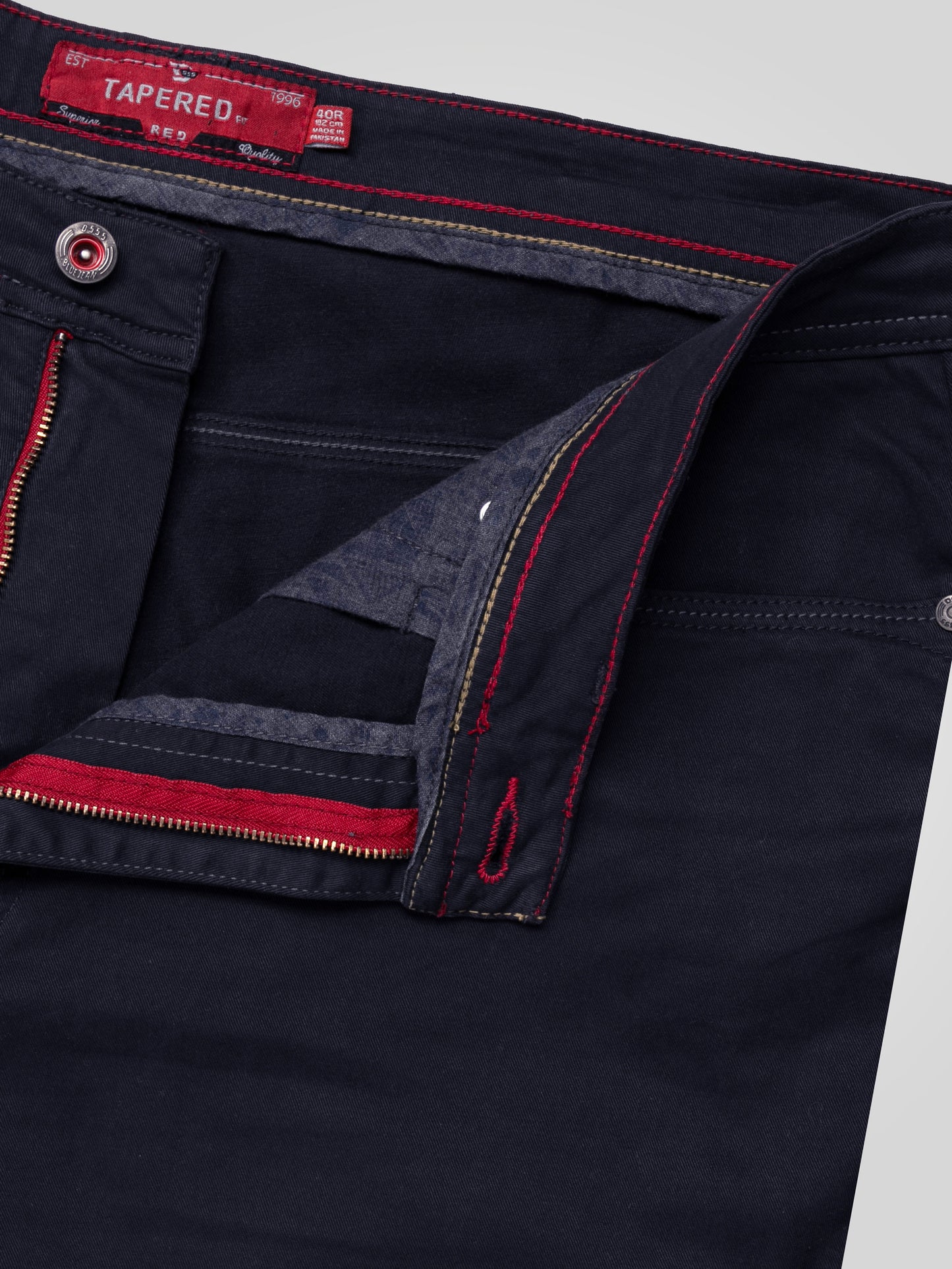 KELVIN 2-Navy Tapered Fit Five Pocket Stretch Twill Chino With Peach Finish