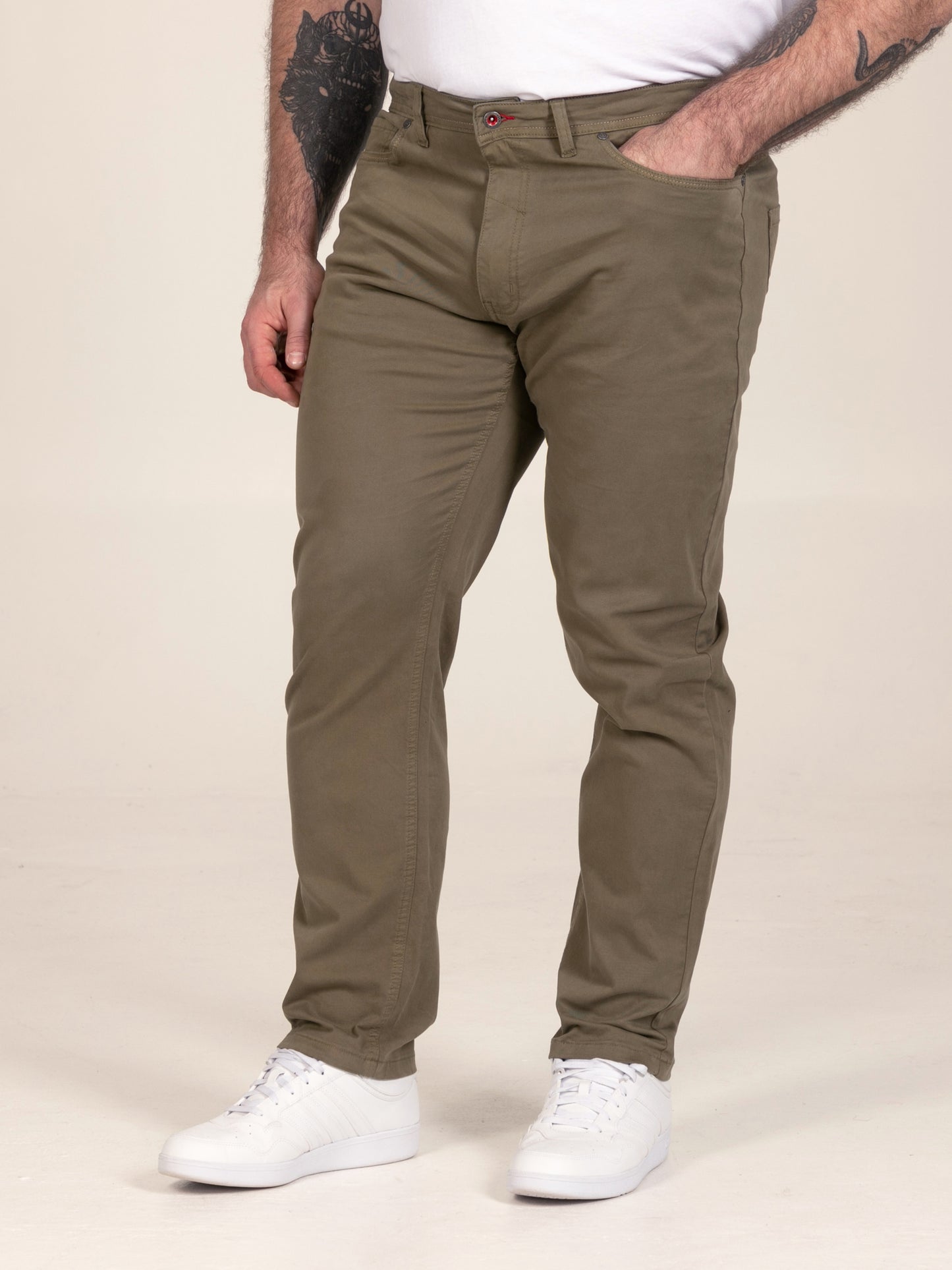 KELVIN 3-Khaki Tapered Fit Five Pocket Stretch Twill Chino With Peach Finish