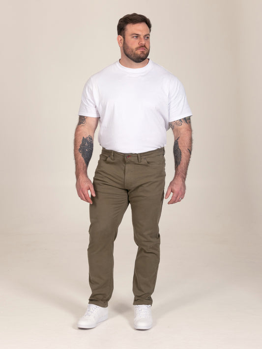KELVIN 3-Khaki Tapered Fit Five Pocket Stretch Twill Chino With Peach Finish