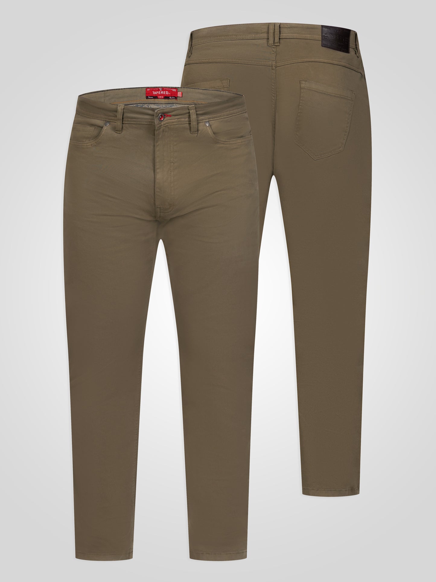 KELVIN 3-Khaki Tapered Fit Five Pocket Stretch Twill Chino With Peach Finish