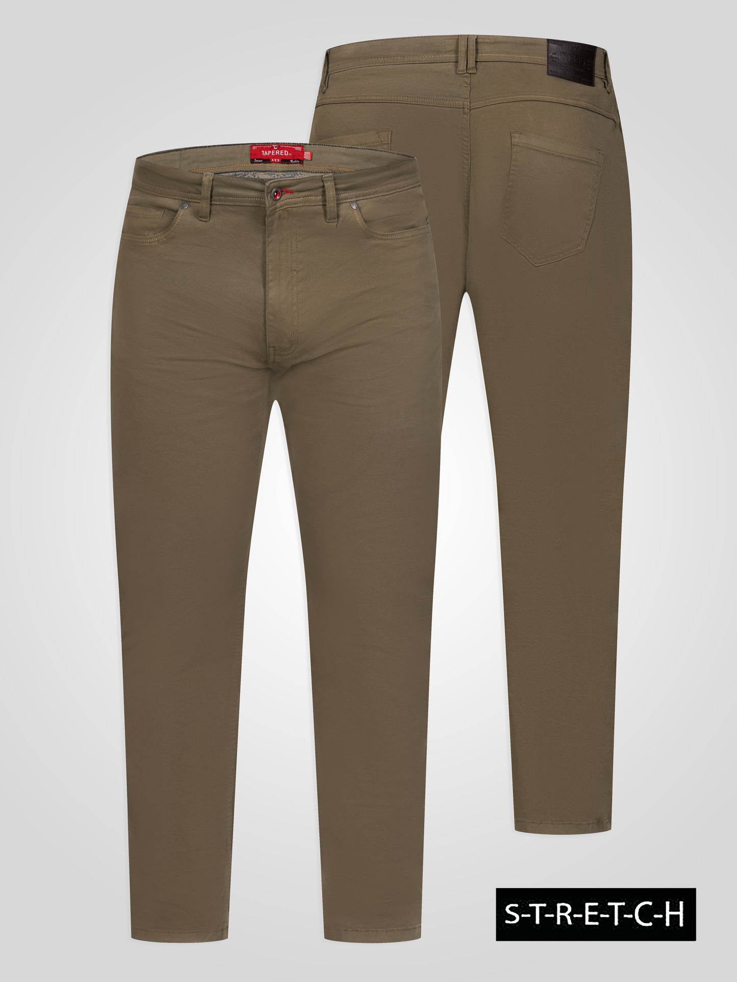 KELVIN 3-Khaki Tapered Fit Five Pocket Stretch Twill Chino With Peach Finish