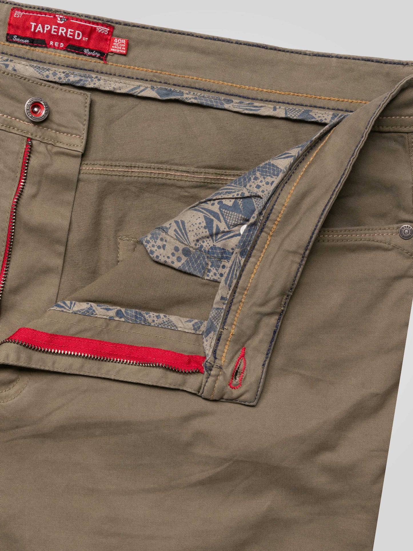 KELVIN 3-Khaki Tapered Fit Five Pocket Stretch Twill Chino With Peach Finish