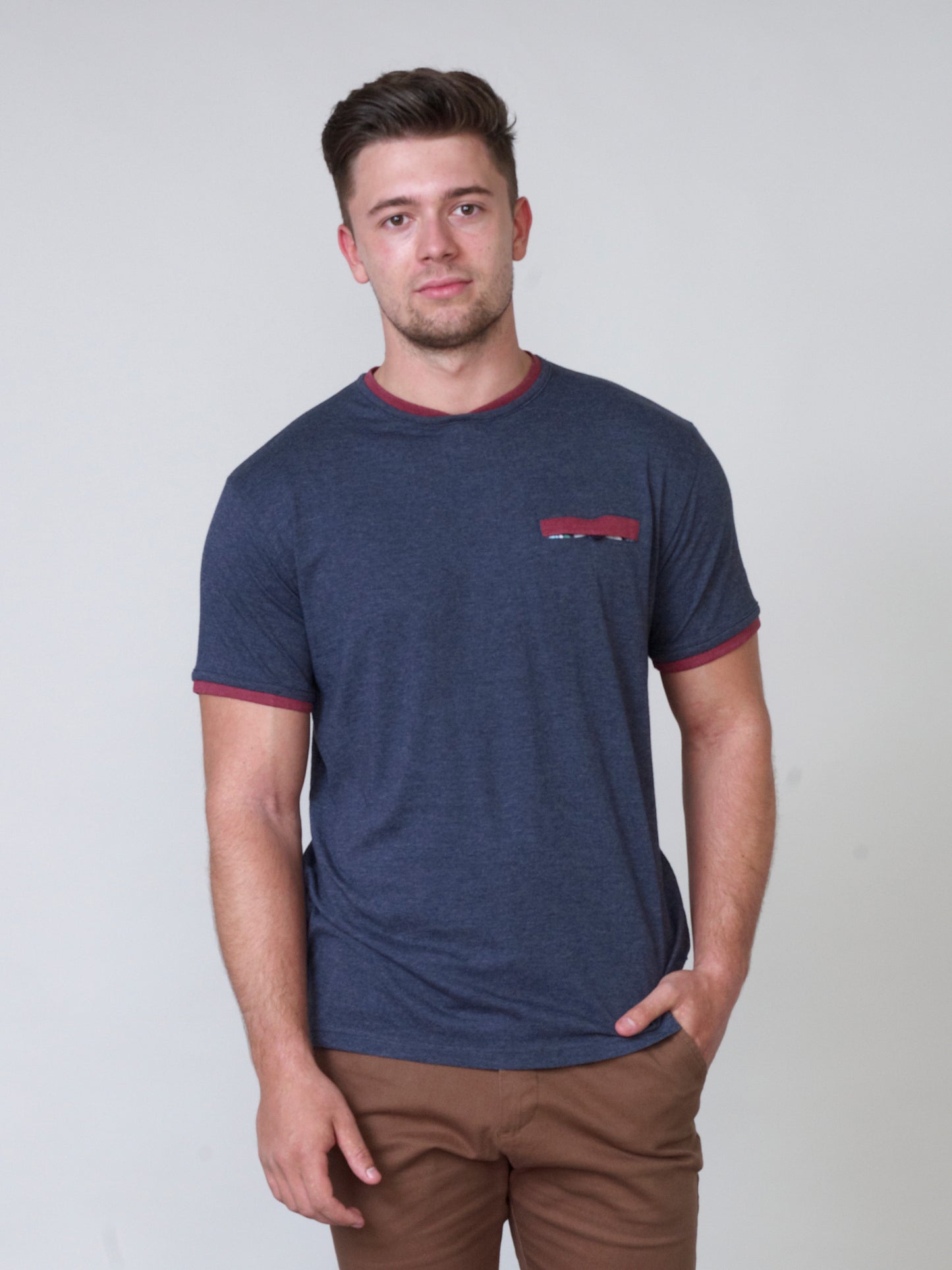 NELLY 2 -D555 Denim Blue Marl T-Shirt with Double Layer On Neck and Pocket