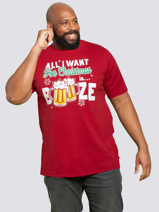 BOOZE 1 -D555 Red Christmas Booze Chest Print T-Shirt
