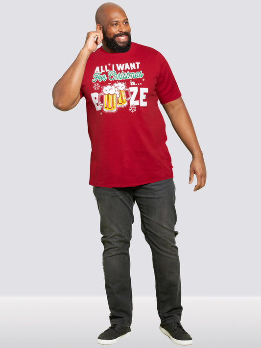 BOOZE 1 -D555 Red Christmas Booze Chest Print T-Shirt