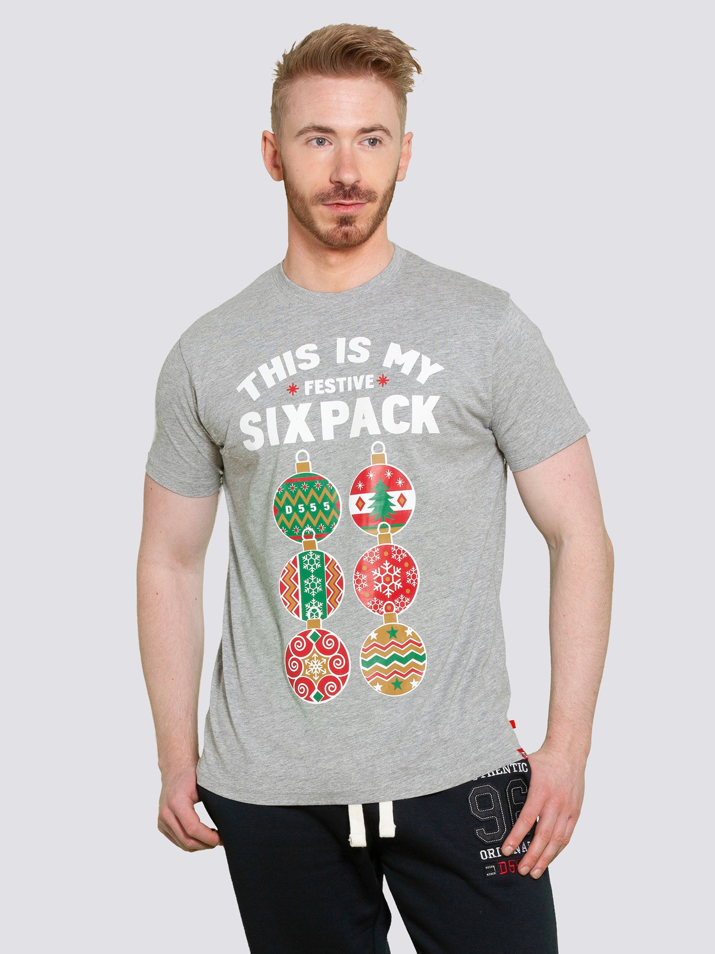 DASHER 2 -D555 Grey Marl Christmas Six Pack Chest Print T-Shirt