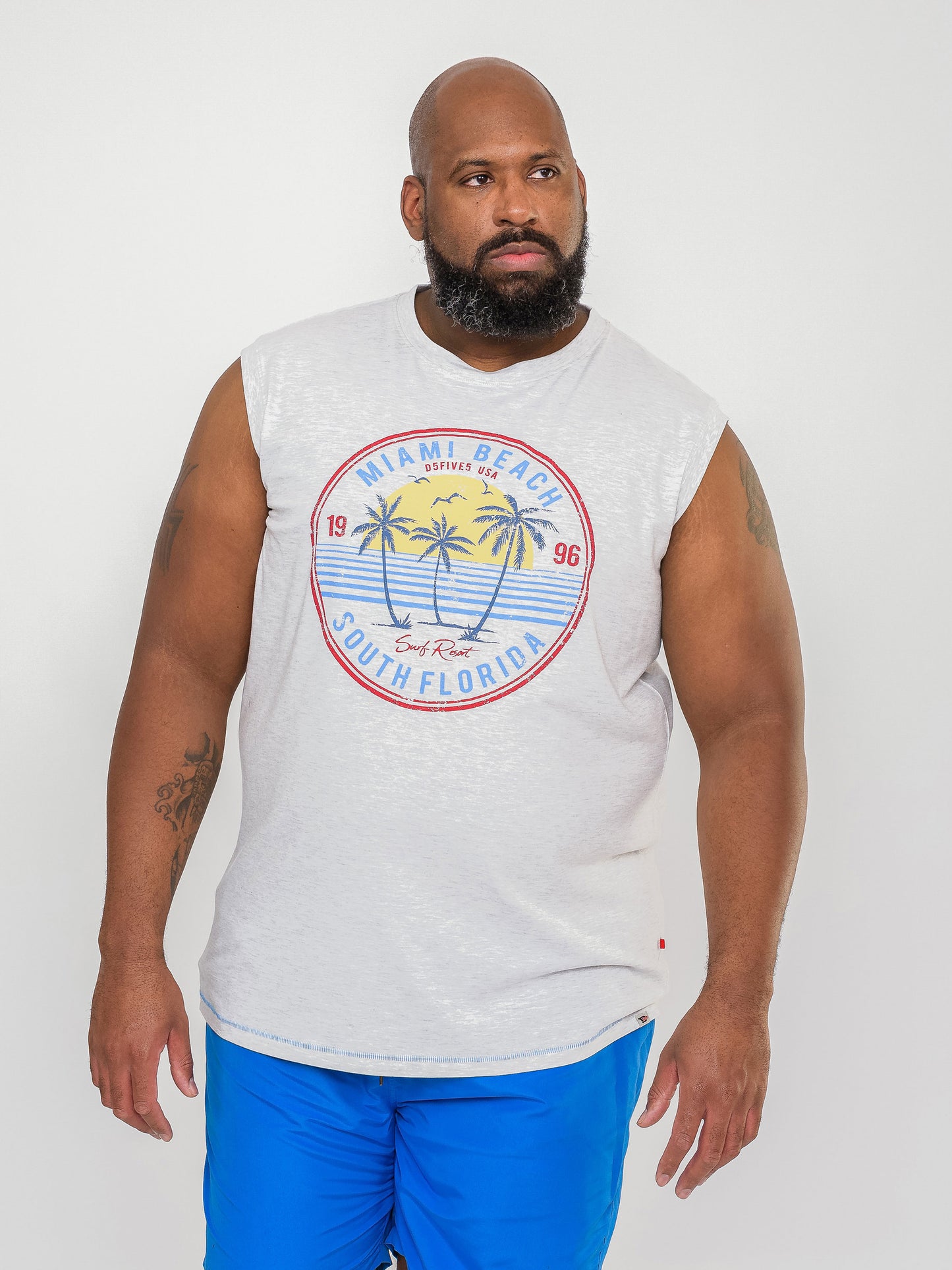 SHIPLEY -D555 Off White Marl D555 Miami Beach Printed Sleeveless T-Shirt