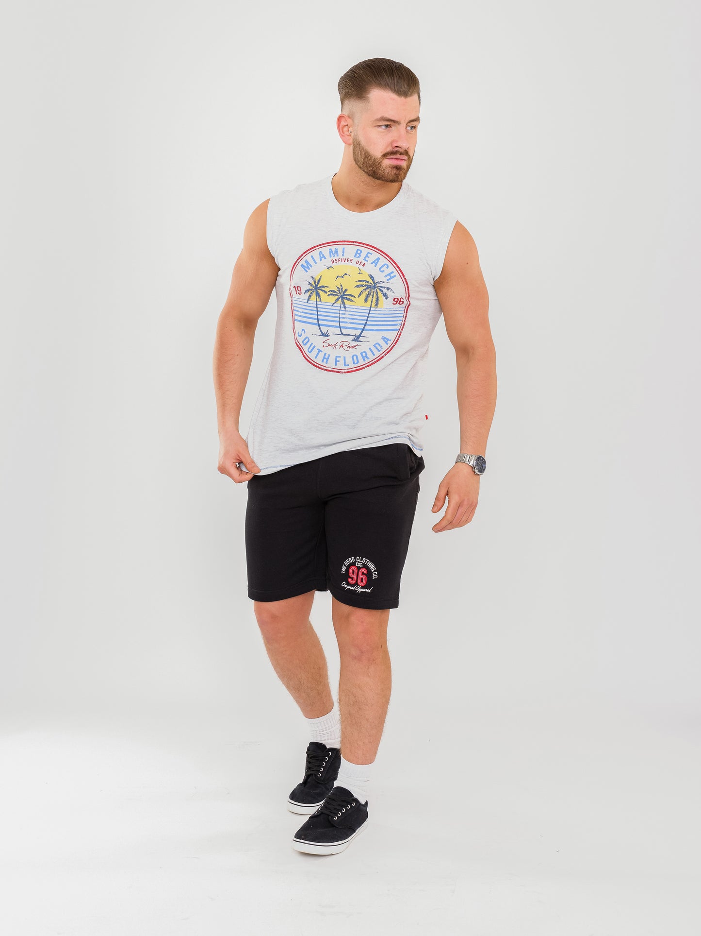 SHIPLEY -D555 Off White Marl D555 Miami Beach Printed Sleeveless T-Shirt
