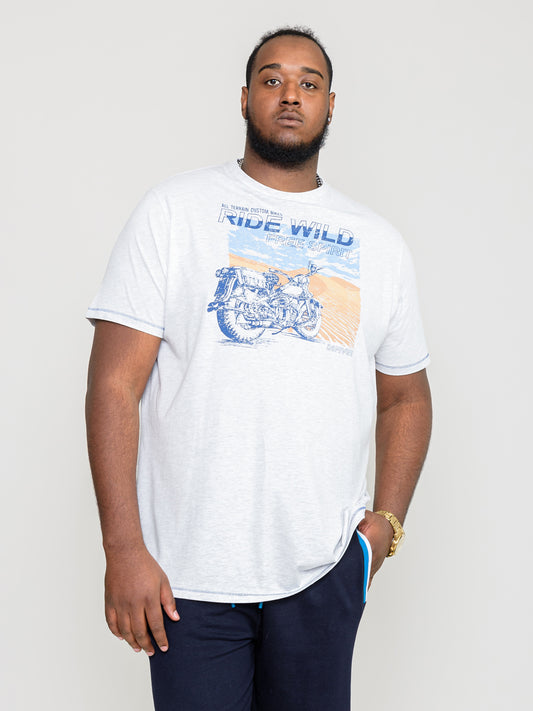 LANGDON-D555 Off White Marl Ride Wild Motorbike Printed T-Shirt