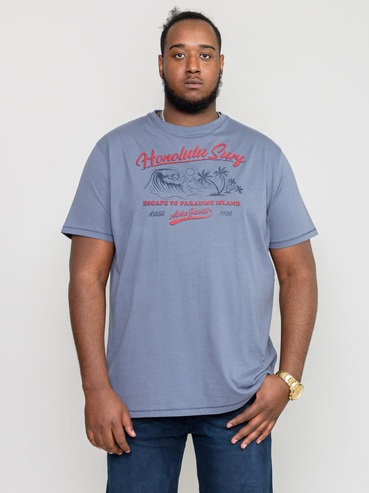 HARBLE-D555 Blue Honolulu Surf Printed T-Shirt