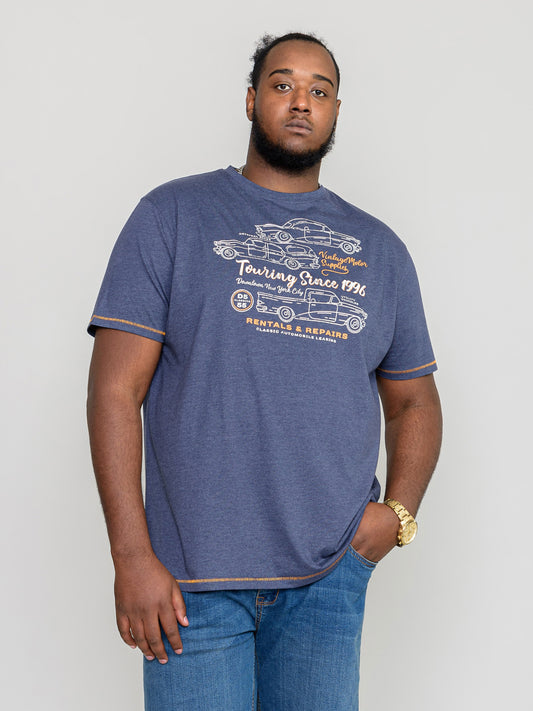 BEESTON-D555 Navy Blue Marl Vintage Cars Outline Printed T-Shirt
