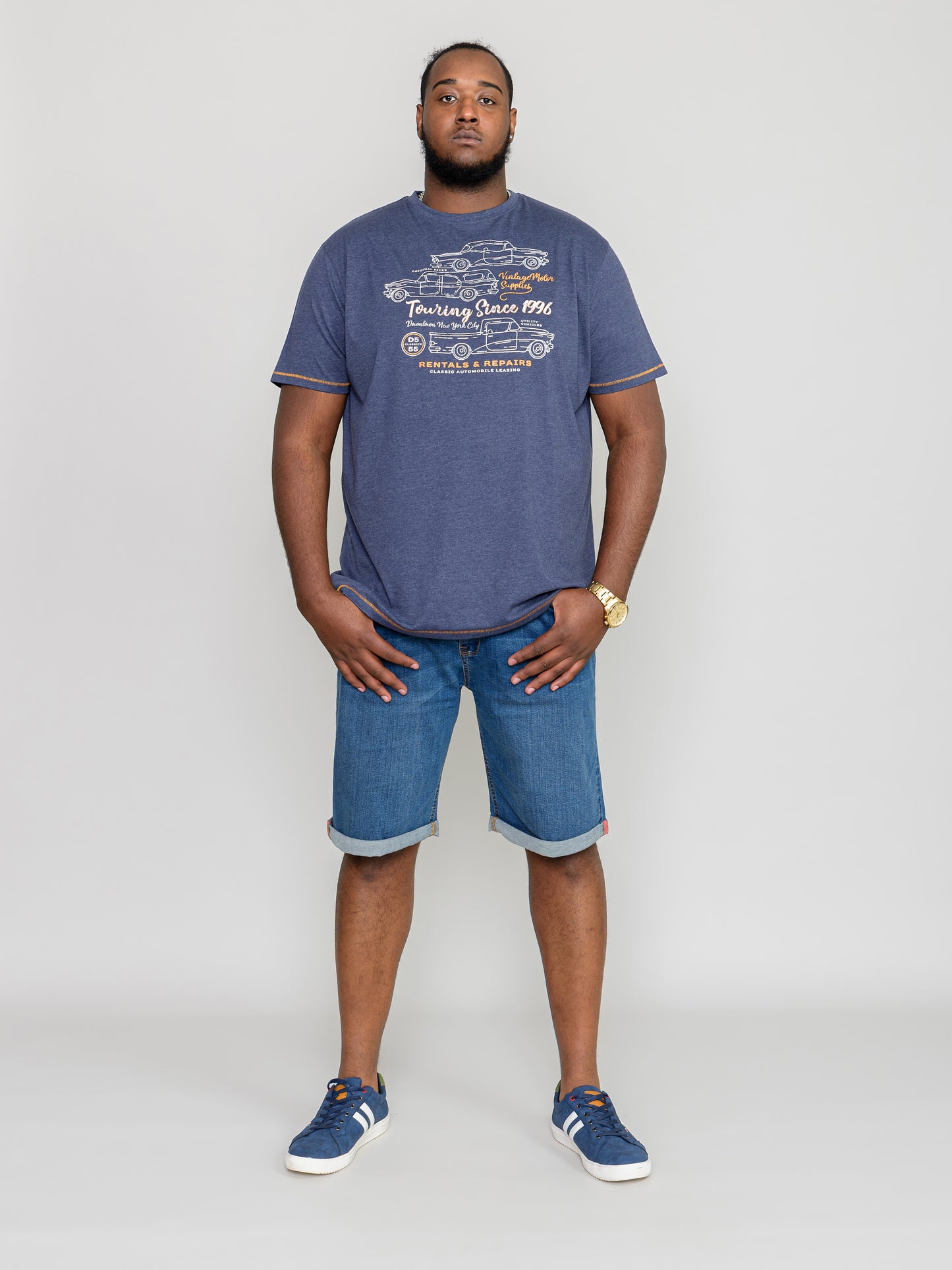 BEESTON-D555 Navy Blue Marl Vintage Cars Outline Printed T-Shirt