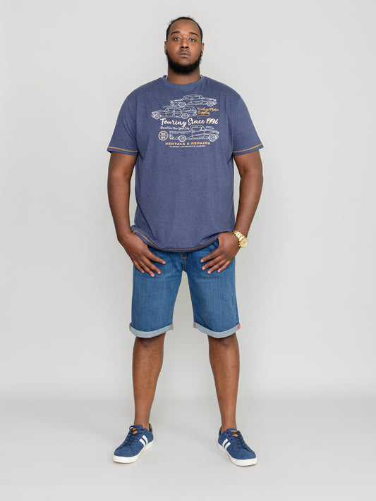 BEESTON-D555 Navy Blue Marl Vintage Cars Outline Printed T-Shirt