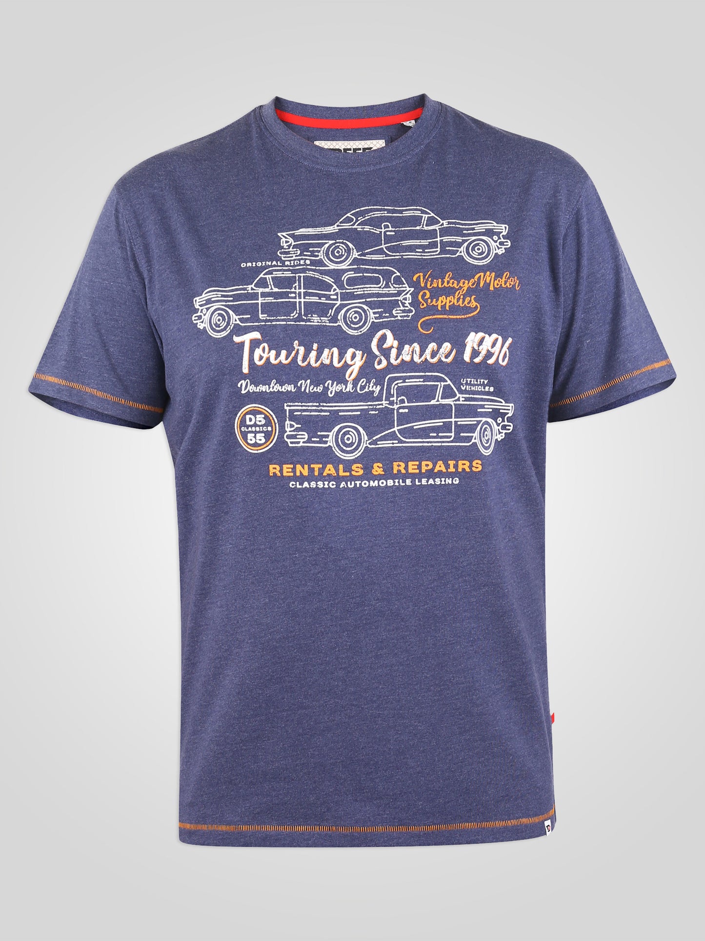 BEESTON-D555 Navy Blue Marl Vintage Cars Outline Printed T-Shirt