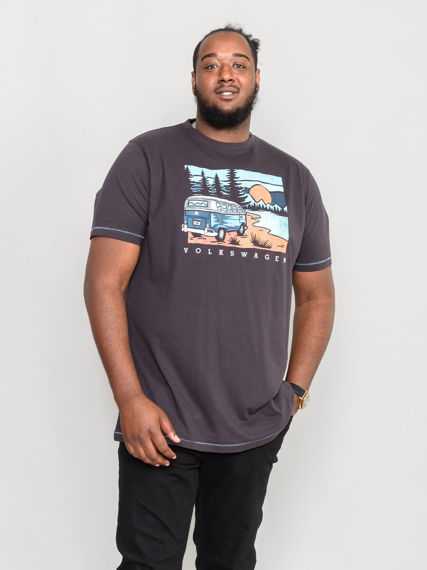 FINCHLEY -D555 Washed Black Official Licensed VW Camper Van Printed T-Shirt