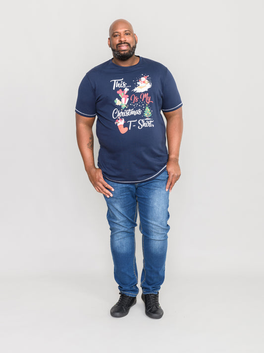YULE -D555 Navy Blue Christmas Printed T-Shirt