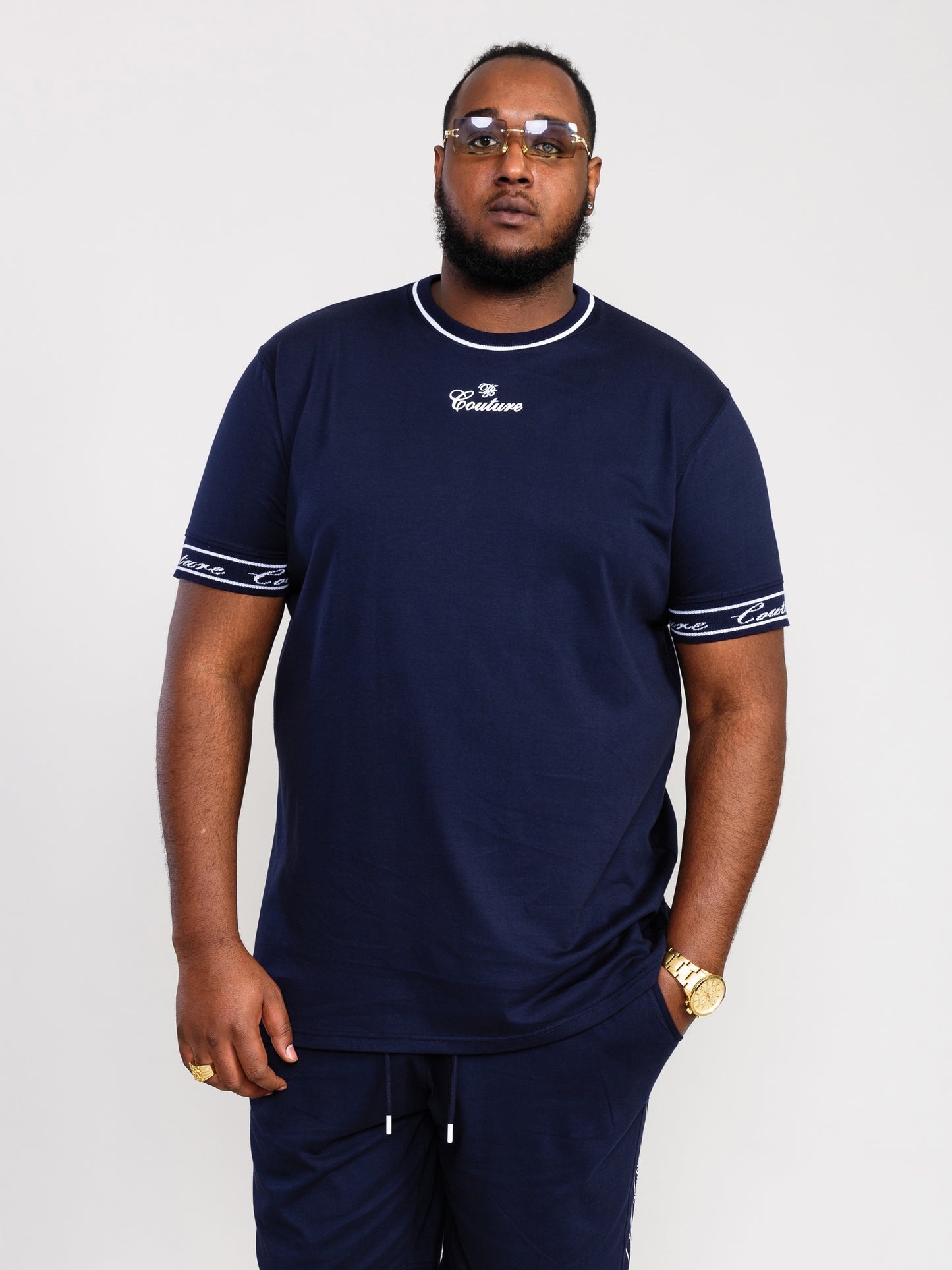 RAMSEY -D555 Navy Blue Couture Crew Neck T-Shirt with Chest Print