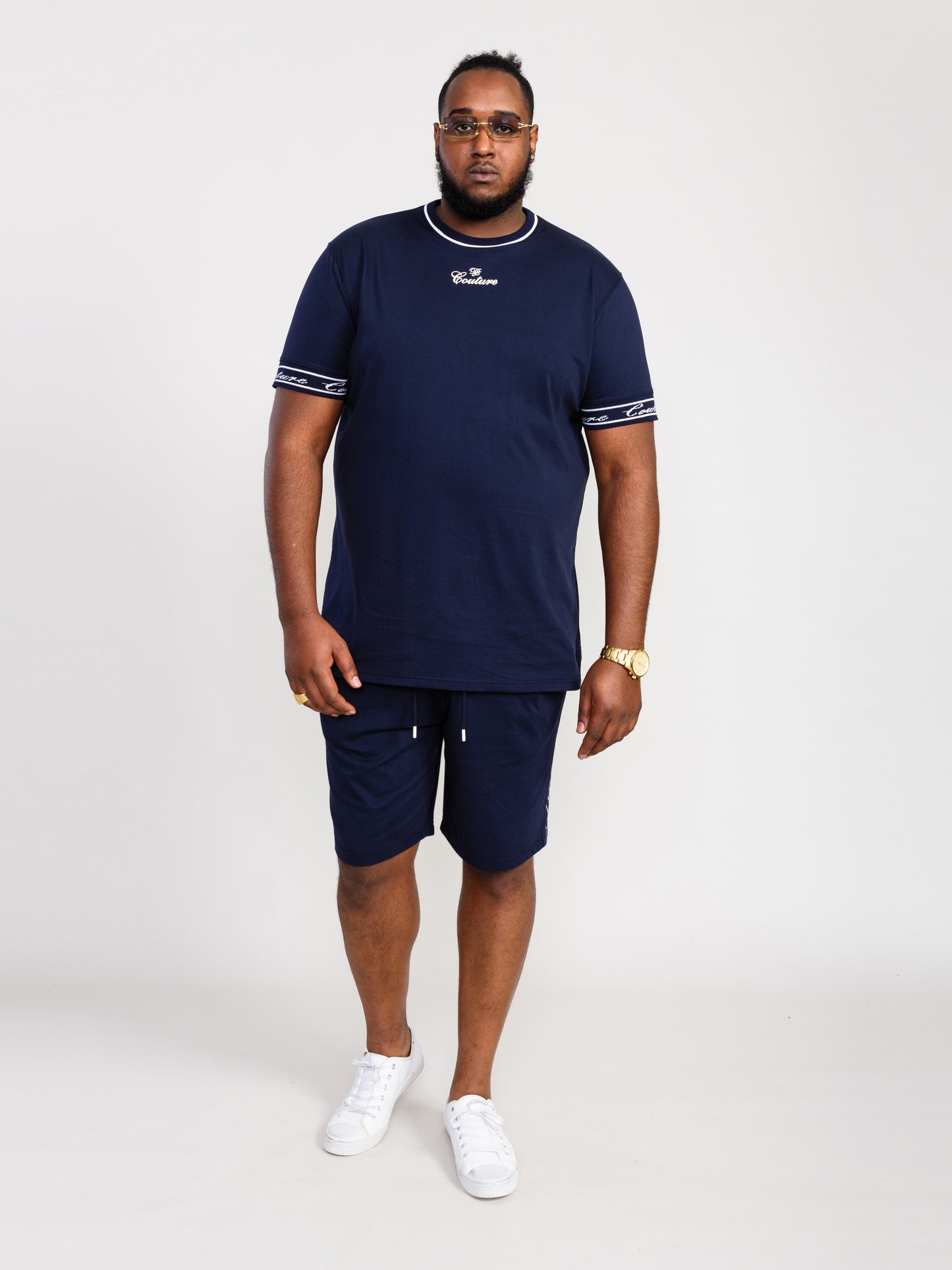 RAMSEY -D555 Navy Blue Couture Crew Neck T-Shirt with Chest Print
