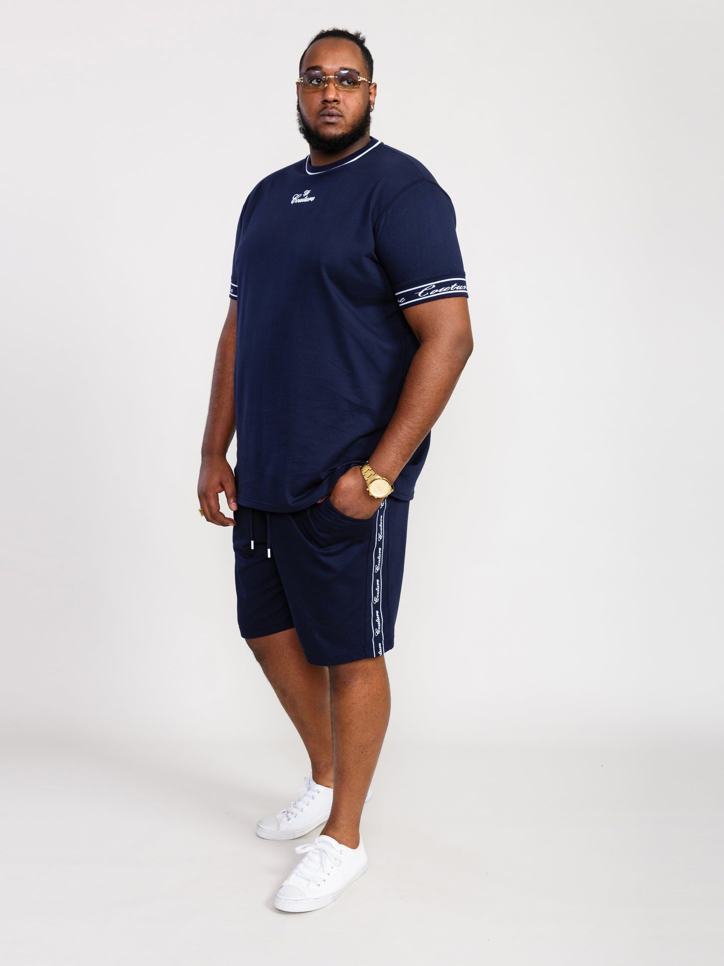 RAMSEY -D555 Navy Blue Couture Crew Neck T-Shirt with Chest Print