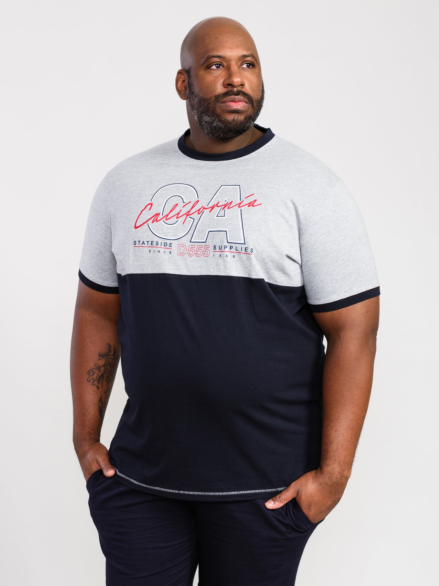 JUNIPER -D555 Grey Marl/Navy Blue California Printed Cut and Sew Panel T-Shirt