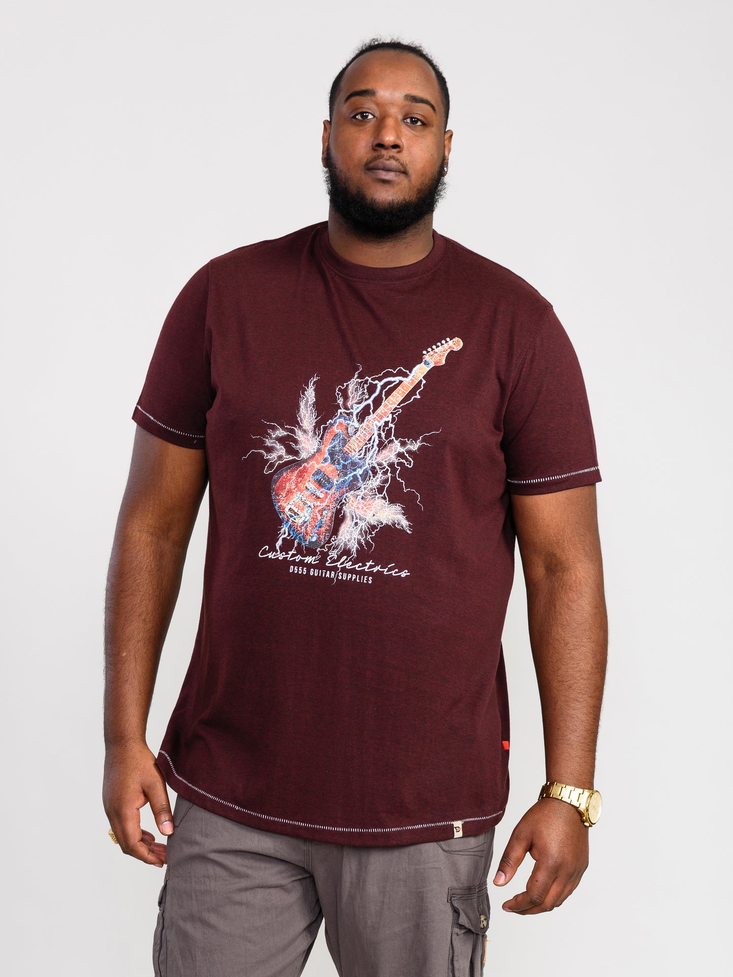 REDBOURN -D555 Burgundy Black Twist Lightning Bolt Guitar Printed T-Shirt