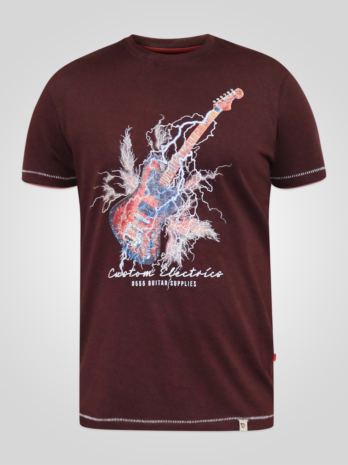 REDBOURN -D555 Burgundy Black Twist Lightning Bolt Guitar Printed T-Shirt