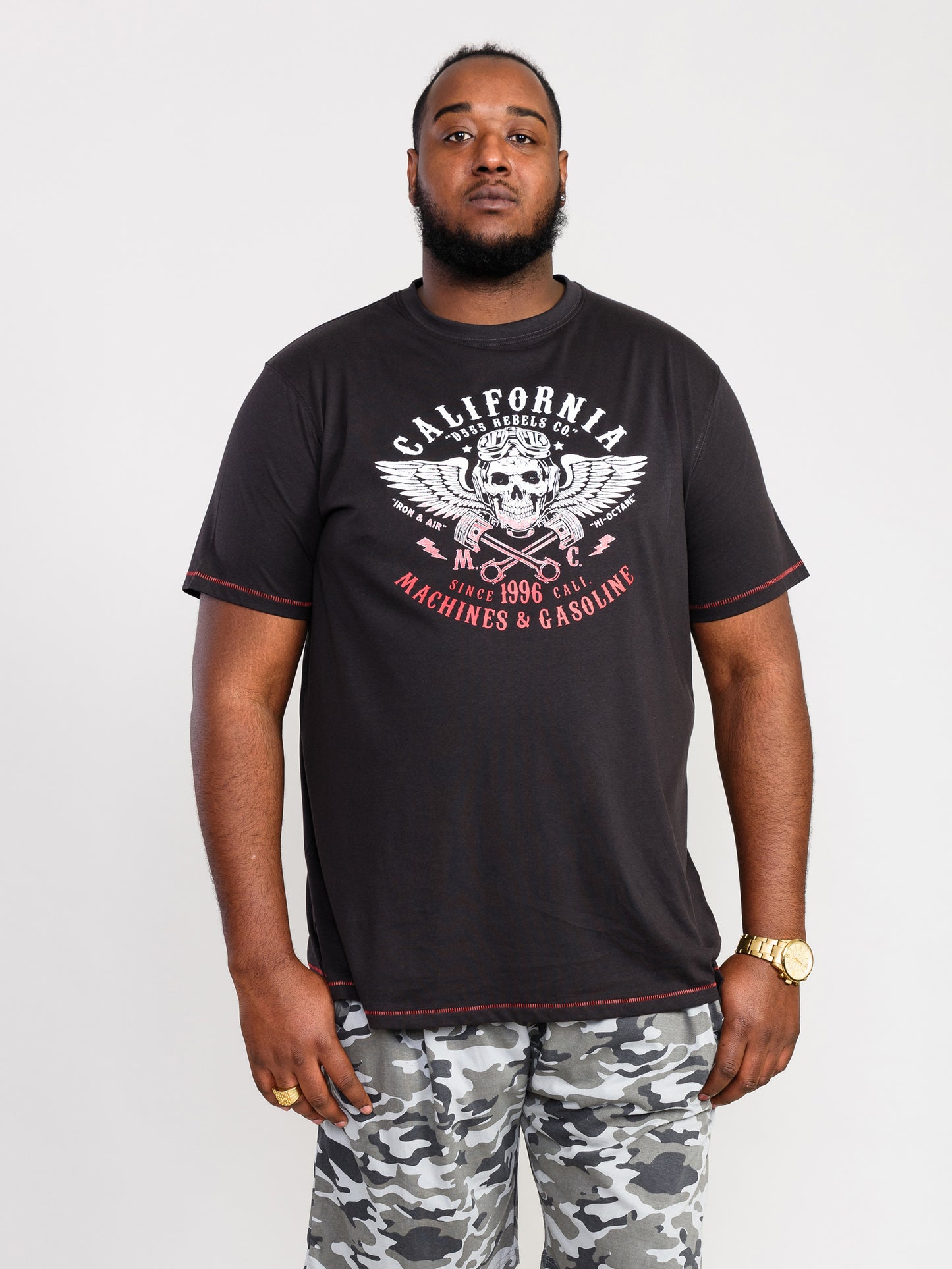CHARLES -D555 Washed Black California Rebel Skull Gradient Printed T-Shirt
