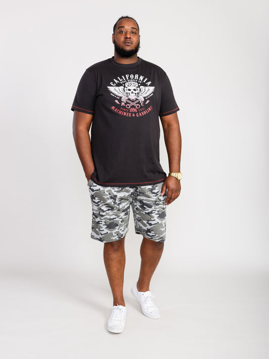 CHARLES -D555 Washed Black California Rebel Skull Gradient Printed T-Shirt