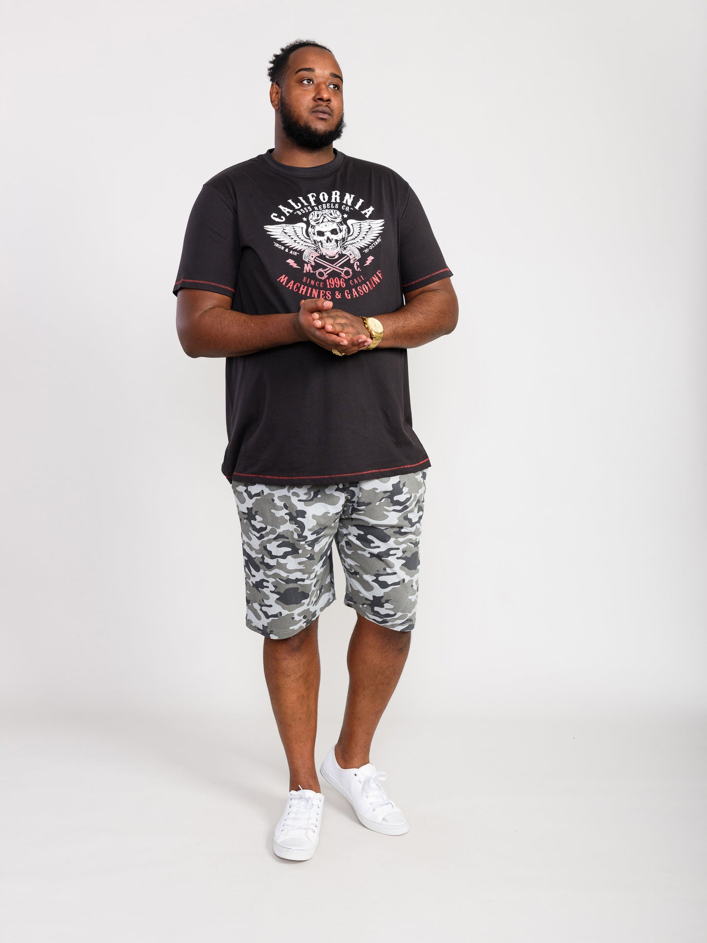 CHARLES -D555 Washed Black California Rebel Skull Gradient Printed T-Shirt