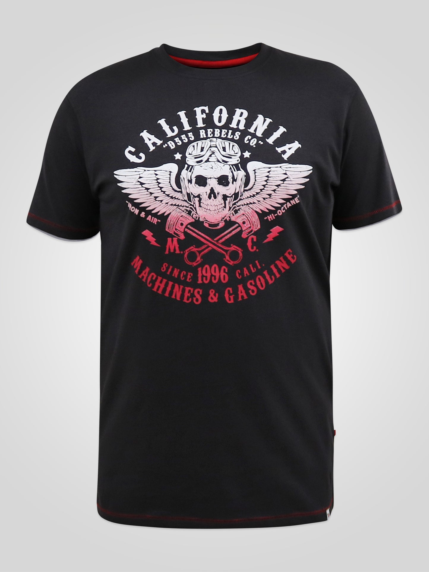CHARLES -D555 Washed Black California Rebel Skull Gradient Printed T-Shirt